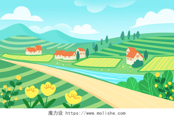 美丽的自然风景乡村振兴扁平乡村插画